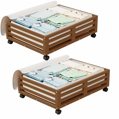 Under Bed Storage Containers, Underbed Organizer with Wheels with Large Capacity Dust Bag, Sturdy Wood Rolling Under Bed Shoe Storage Organizer, 2 Pac