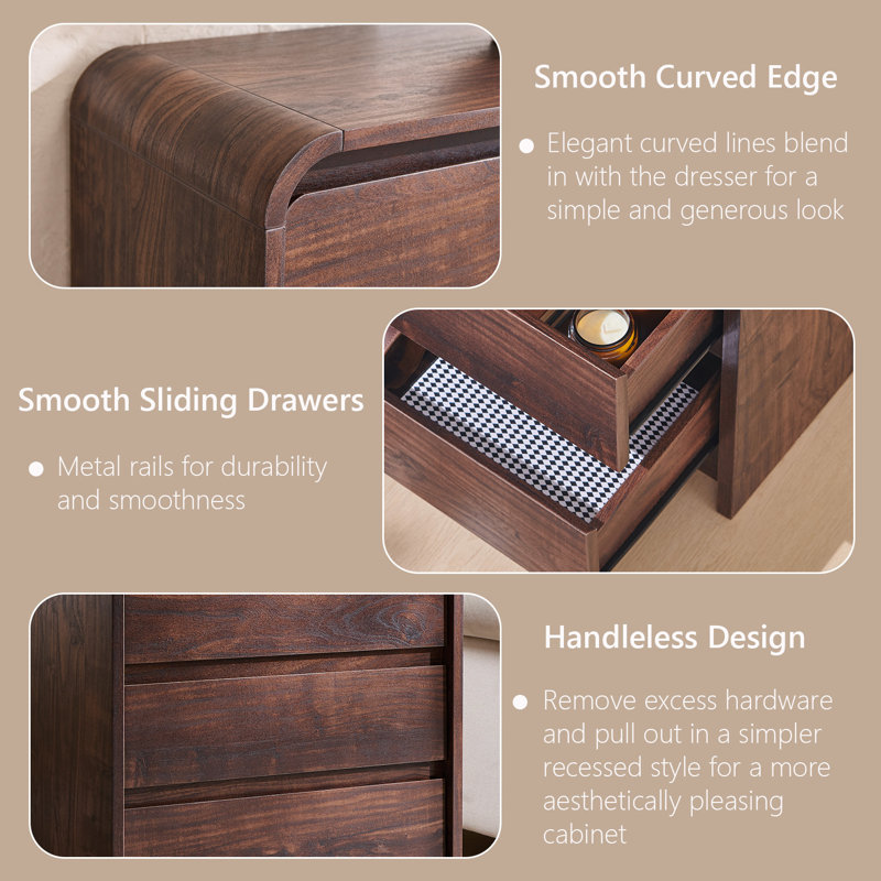  Maud 25" Tall Modern Nightstand with Charging Station, 23.6'' Wide Wood Bedside Table w/3 Storage Drawers, Brown
