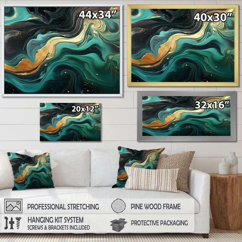 Abstrait vert et or, rivière Marble III - art abstrait sur toile marbrée, H 34 po x l 44 po x P 1,5 po