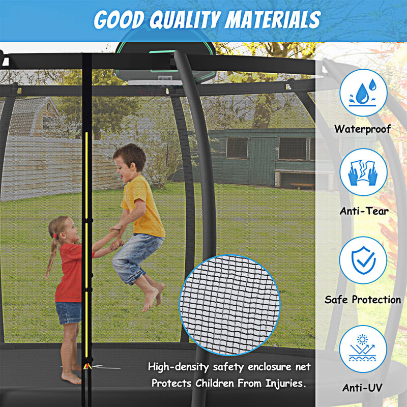 14 ft Black Round Kids' Trampoline with Enclosure