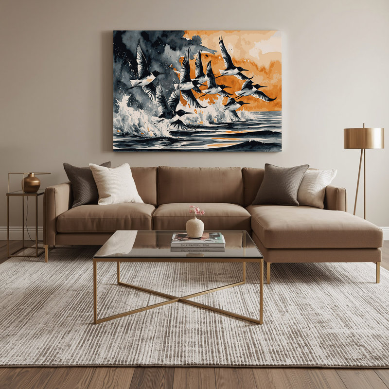 Oiseaux, écumoire noire, toile beige, H 11 po x l 14 po