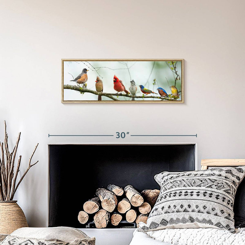 Rassemblement d'oiseaux, 25 po x 9 po, Cadre flottant en bois naturel