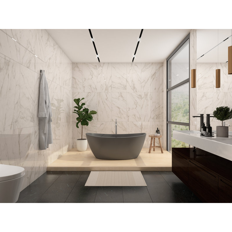 Manhattan 64" x 33" Freestanding Soaking Tub, Solid Surface Stone Resin Oval Bathtub - Gray, Gray