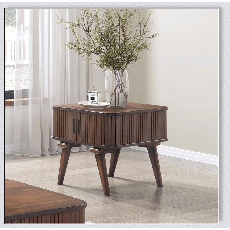 Table de bout avec rangement 1Pc avec finition noyer et portes tambour pour l'organisation moderne du salon