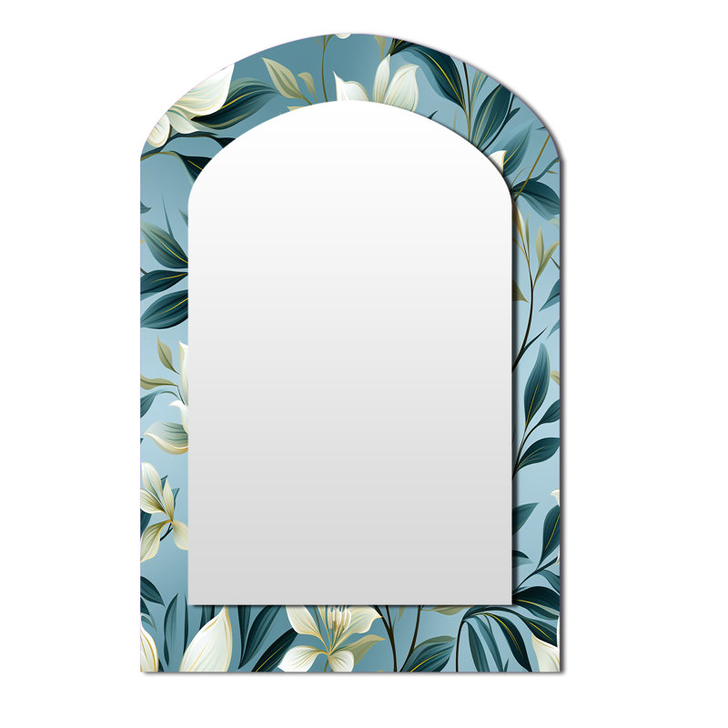 Oday Oceanic Foliage Botanical Pattern - Tropical Asymmetrical Decorative Wall Mirror, Green Arch Large Mirror, Printed Metal Art