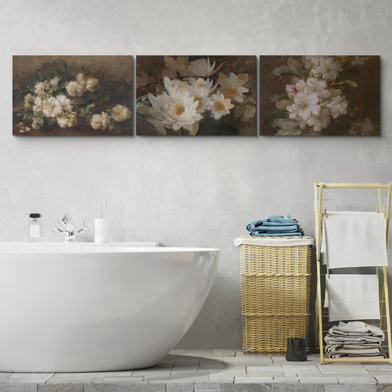 "Bouquets de fleurs de jardin rétro" - 3 pièces, H 24 po x l 36 po, Toile tendue