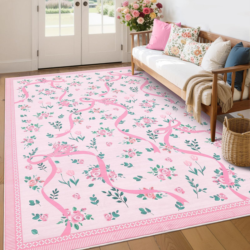 Washable Area Rug Bow Décor, Pink, Rectangle 9' x 12'
