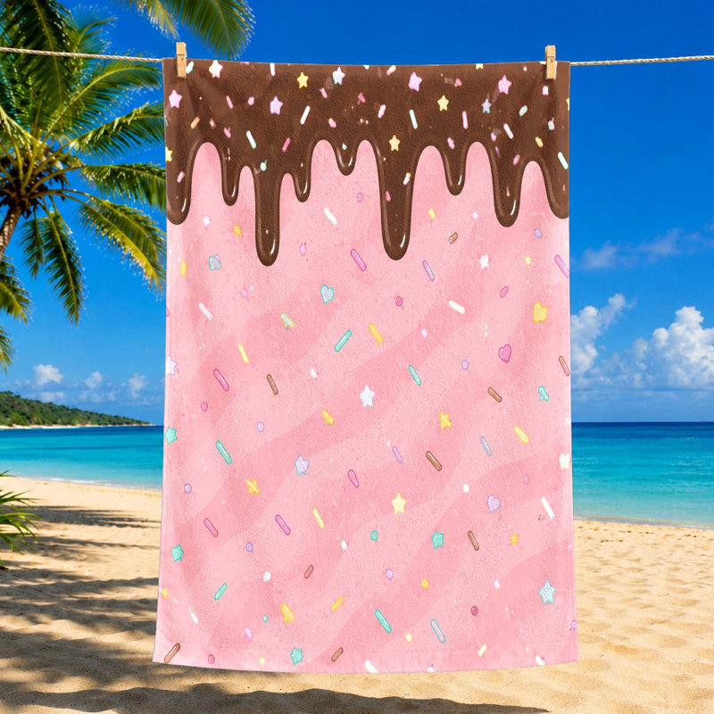 1 serviette de plage rose crème glacée, avec une bruine de chocolat et des paillettes colorées dans un design ludique. Grande microfibre, idéale pour la baignade, les voyages, les voyages et le plaisir.