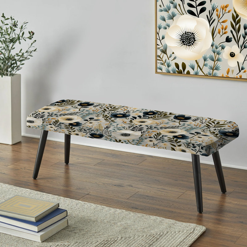 Banc rembourré floral noir, Motif floral minimaliste bohème minimaliste I