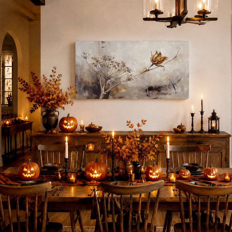 Bouton de fleur séché et tête de graine sur toile beige en impasto, art mural d'Halloween, 58“W x 28”H