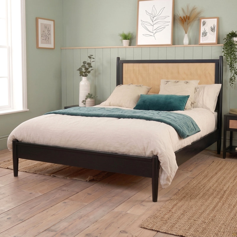 Queen Size Platform Bed Frame with Rattan Headboard, Wicker Bed with Wooden Slats Support,Boho Coastal Style, No Box Spring Needed, Black