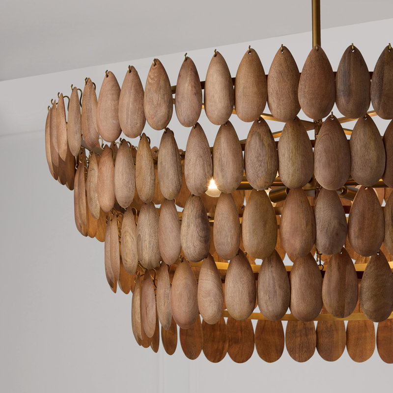 Luminaire suspendu en laiton patiné et bois de manguier fabriqués à la main, H 17 po x l 36,5 po