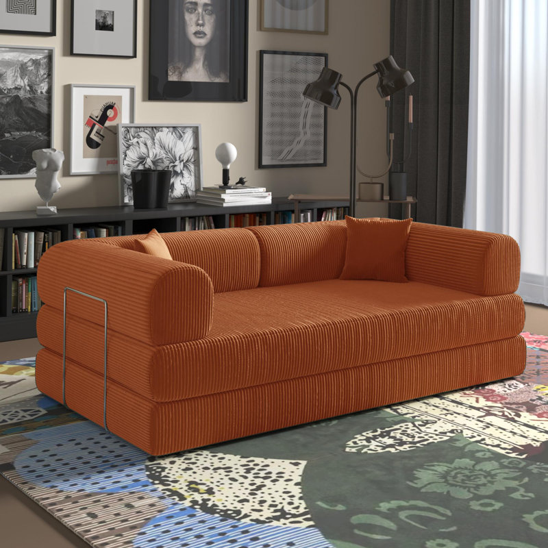 Canapé-lit convertible moderne pliable (avec 2 coussins décoratifs) Jairden Corduroy Boneless 3-en-1, Orange