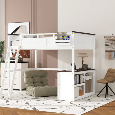 Grand lit mezzanine blanc avec bureau, tablettes de rangement et une boîte - robuste, cinq marches, accès pratique à