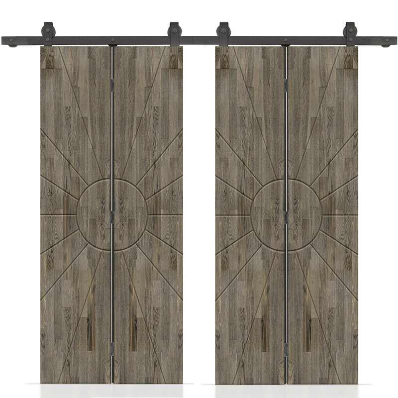Porte de grange double pliante en bois de pin teinté avec quincaillerie coulissante, Gris patiné, 48 po x 80 po