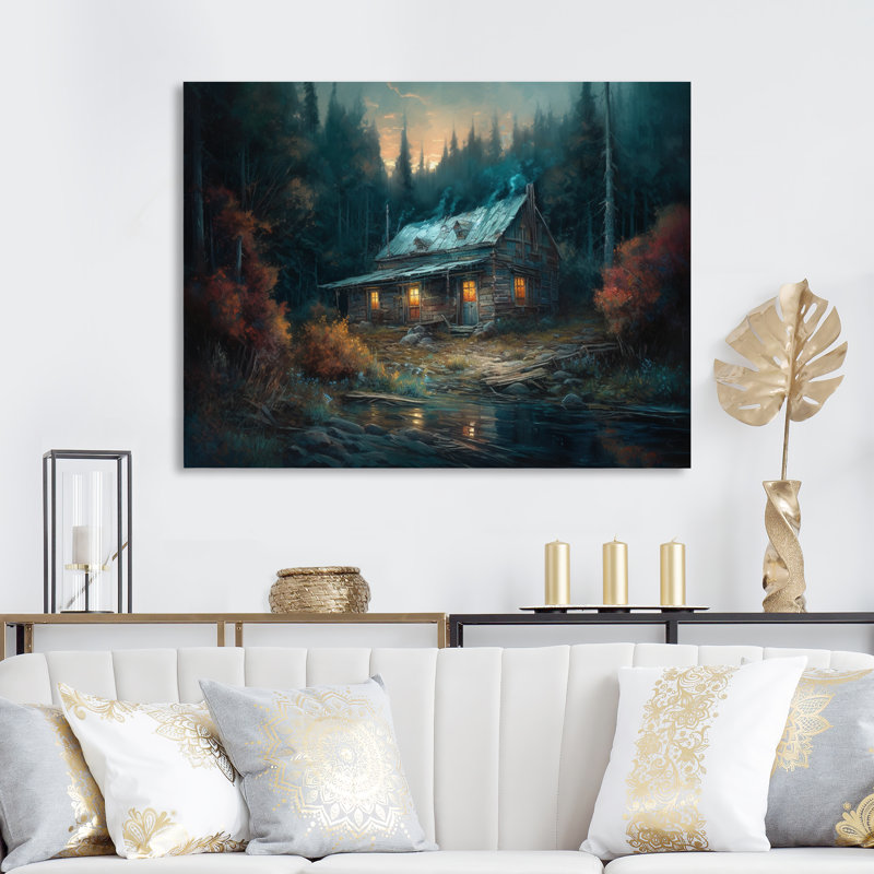 Cabine dans les bois - art mural sur toile forêt, H 16 po x l 32 po x P 1 po, Toile tendue
