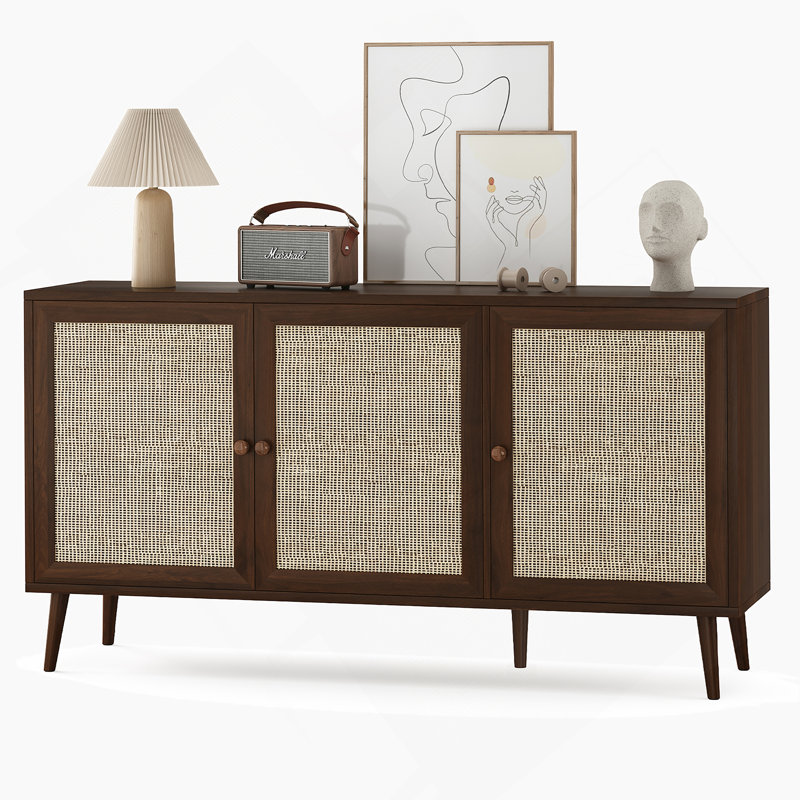 Sideboard Buffet Cabinet With 3 Rattan Doors, Kitchen Storage Cabinet For Entryway Living Room, Walnut