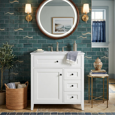 30" Neo-Bauhaus Freestanding Bathroom Vanity with Centerset Ceramic Basin Top, Geometric Split Asymmetric Left-Door Compartment & Right 3-Drawer Array, Moisture-Proof Rubberwood Footing (4 Finishes)