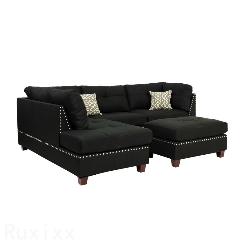Reversible Polyfiber Sectional Sofa With Ottoman, Black