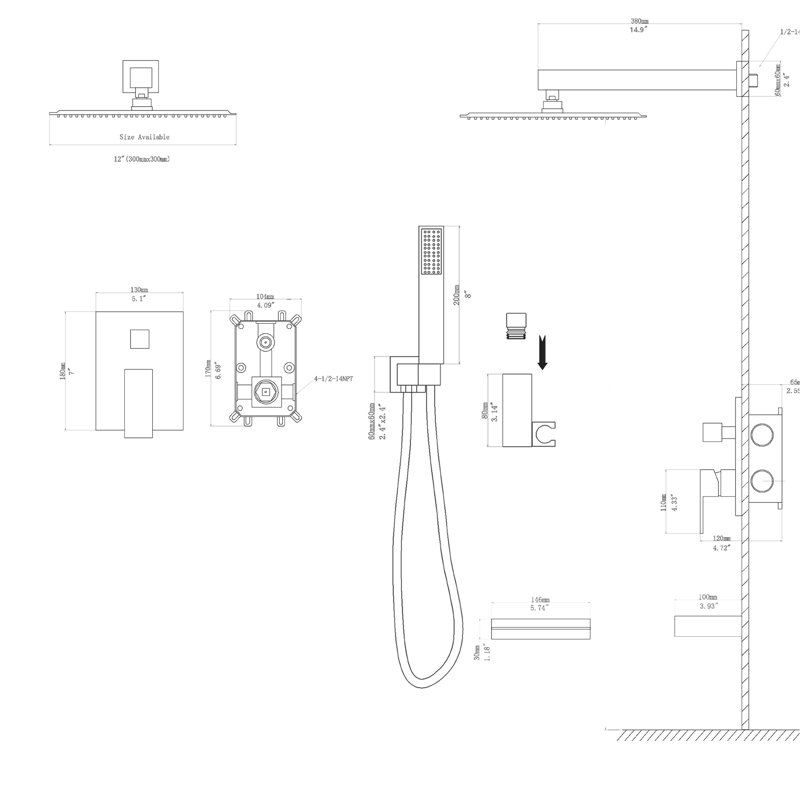 Wall Mounted Shower With Waterfall Tub Spout - 12" Square Rain Head, Handheld, Oil Rubber Bronze, -balanced, 12 Inch Valve