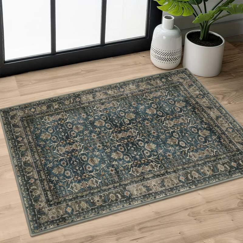 Tapis tribal à motif floral lavable à la machine avec envers antidérapant pour le salon de la chambre à coucher, Bleu/brun