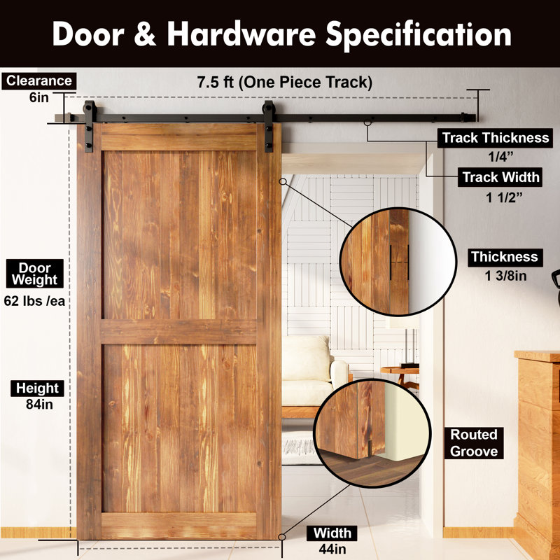 Porte en bois de pin massif non assemblé avec design H rustique noir H Design, Au début de l'Amérique, 44 po x 84 po