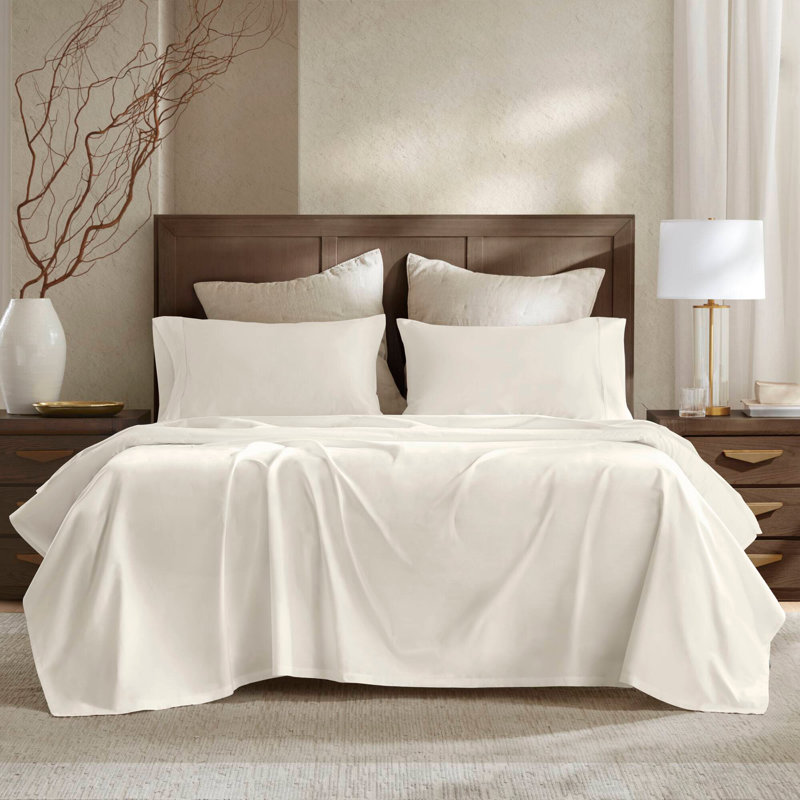 Ensemble de draps en satin de coton 4 pièces pour grand lit ivoire, Ensemble de draps pour grand lit avec 2 taies d'or