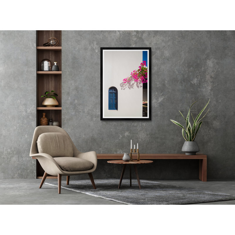 Pink Bougainvillea Blue Window Print by Tim Klein