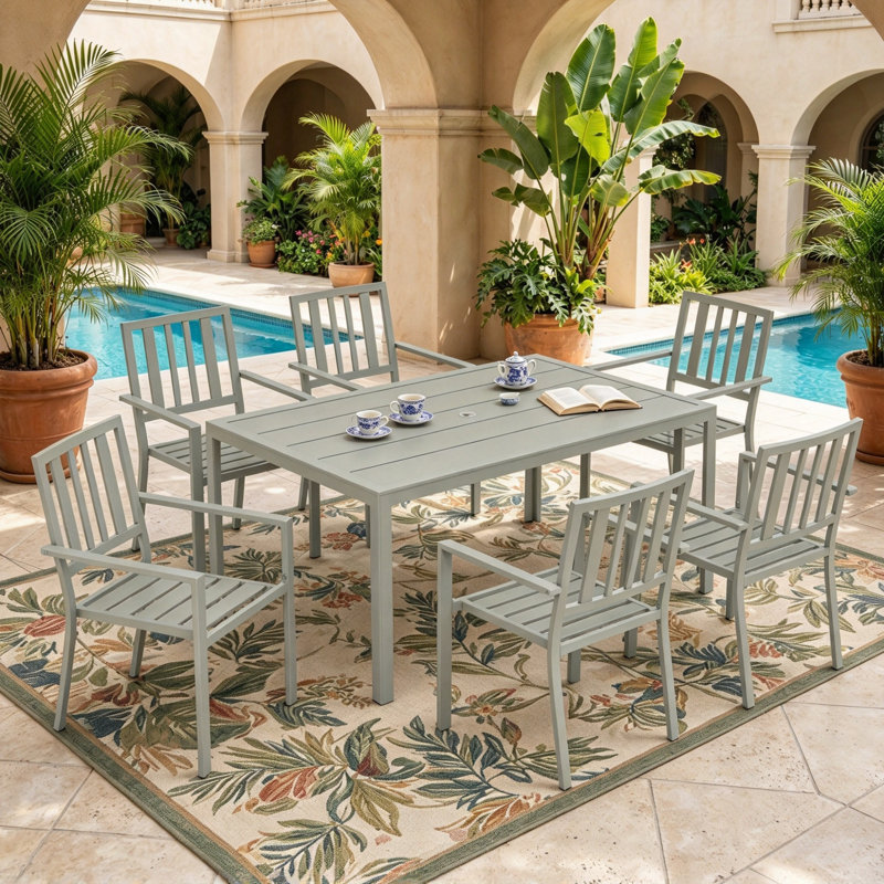 Garden Table and Chairs for 6, 7 Pieces Garden Furniture Set with Table, 6 Stackable Chairs and Umbrella Hole Light Grey