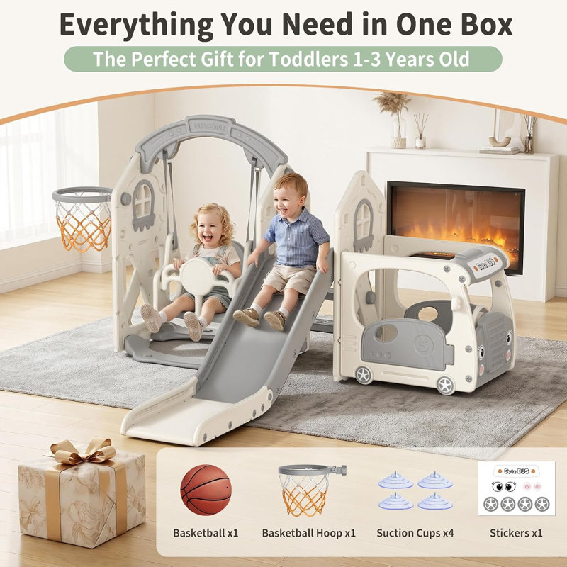 Glissoire 5 en 1 pour tout-petits, toboggan pour enfants avec grimpeur, maisonnette de jeu pour l'extérieur, Beige / gris
