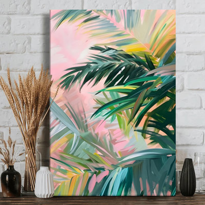 Toile tendue avec feuilles de palmier tropicales de style impressionniste rose et vert - 24 po x 36 po x 1 po