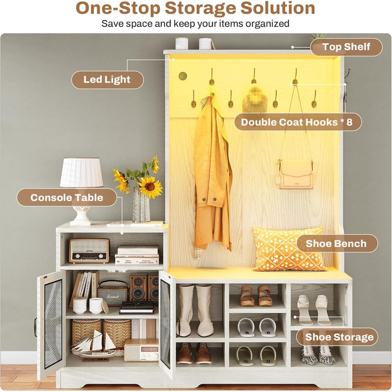 Embossed White Hall Tree with Bench and Storage Shelves