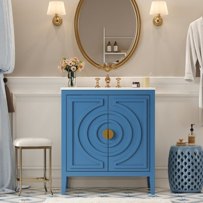 Rangement de salle de bain, armoire Mid-Century de 30 po avec lavabo, portes à fermeture douce, tiroir divisé, organisateur de porte, tablette réglable, poignées rondes rétro, finition bleue rétro, meuble-lavabo de 30 po