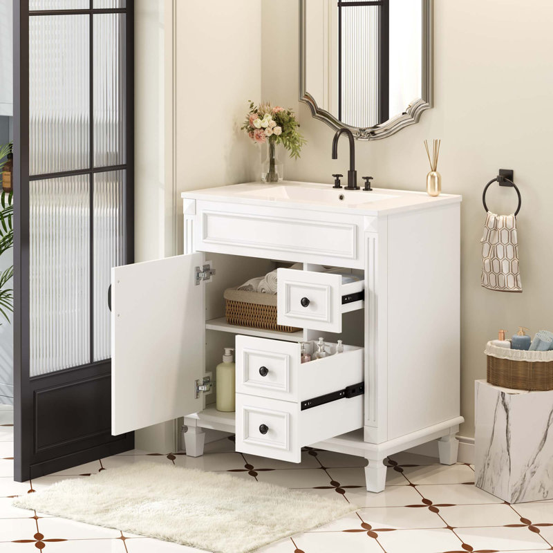 Meuble-lavabo moderne de 30 pouces avec lavabo en céramique, porte latérale gauche, 2 tiroirs et tablette réglable pour les petits espaces