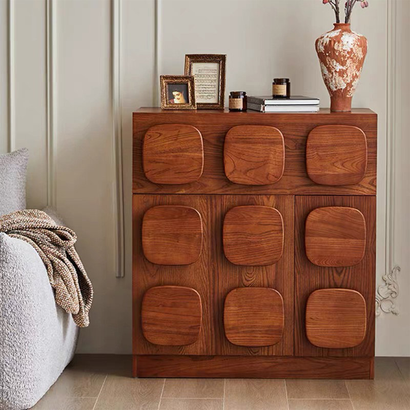 34.5 Inch Walnut Finish Freestanding Accent Cabinet, Pre-Assembled No Assembly Required, Retro Bubble Textured Sideboard Buffet Cabinet with Drawers & Storage Cupboard, Mid Century Modern Wooden Chest for Bedroom Living Room Entryway