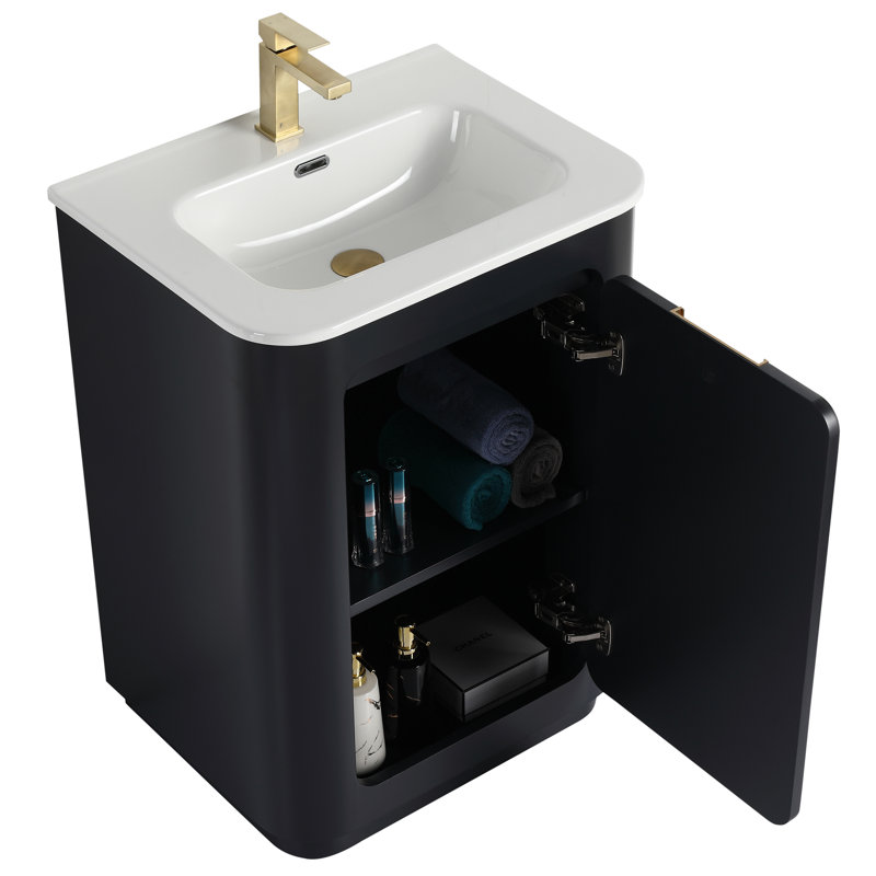 Meuble-lavabo 24 po avec lavabo Atticus, Noir / laiton satiné