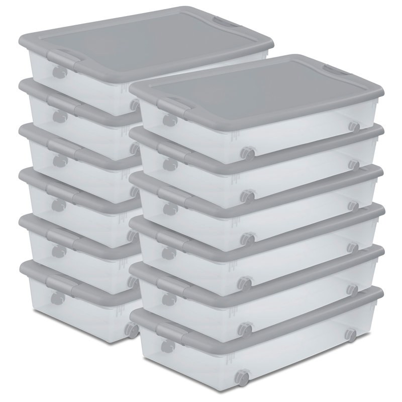  56Qt Wheeled Under Bed Storage Container, Plastic Bin, Silver, 12 Pack