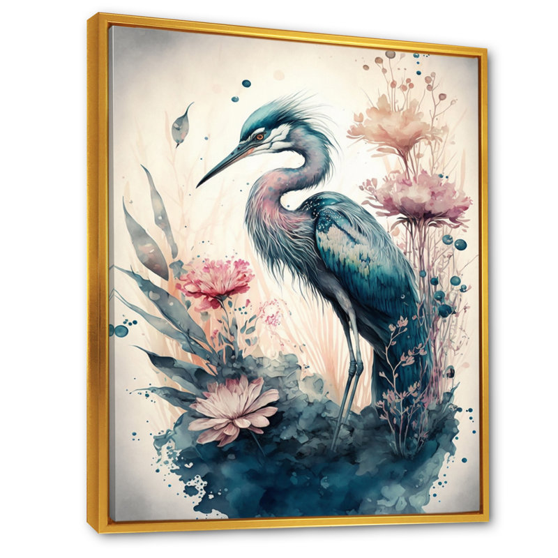 Mignon héron floral VI - peinture sur toile, Cadre flottant doré, H 20 po x l 12 po x P 1 po