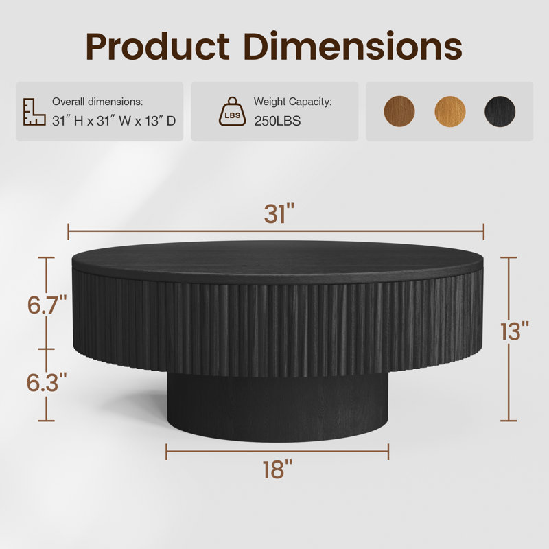 40"  & 35" & 31" Round Handcrafted Coffee Table – Solid Wood Fluted Design, Black, 13" H x 31" L x 31" W