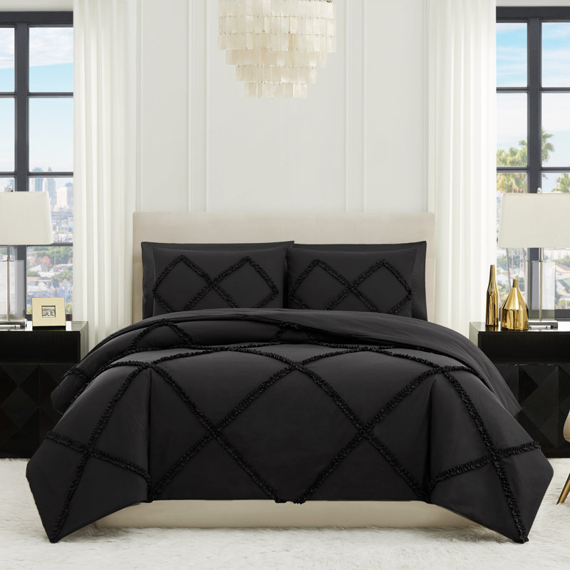 Diamond Ruffle Reversible Microfiber Comforter Set, Twin Extra Long Comforter + 1 Standard Sham, Black