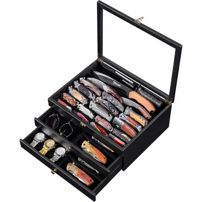3-layer Knife Display Case, Broadsword storage box，knife Collection Display Holder With Glass Lid & Drawers, Black