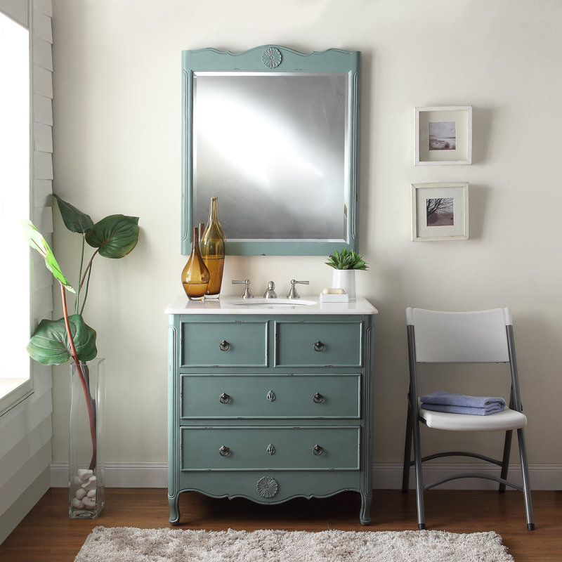 Nallely 34'' Single Bathroom Vanity with Marble Top, Distressed Vintage Blue