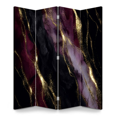 Cloison pliante 4 panneaux à paravents en marbre foncé abstrait bourgogne noir mauve doré avec toile décorative et cloison de séparation autoportante