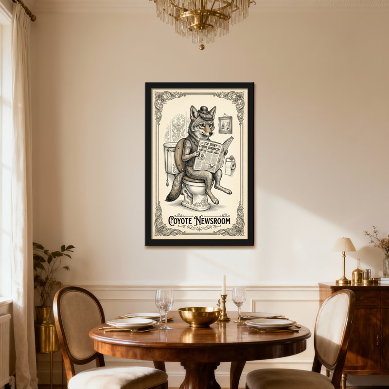 Bath & Laundry Coyote lisant un journal sur une toilette, H 18 po x l 12 po, Toile tendue, Ne s’applique pas