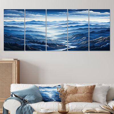 Blue And White Mountain Majesty Panorama III - Mountains 5 Piece Wall Art Set