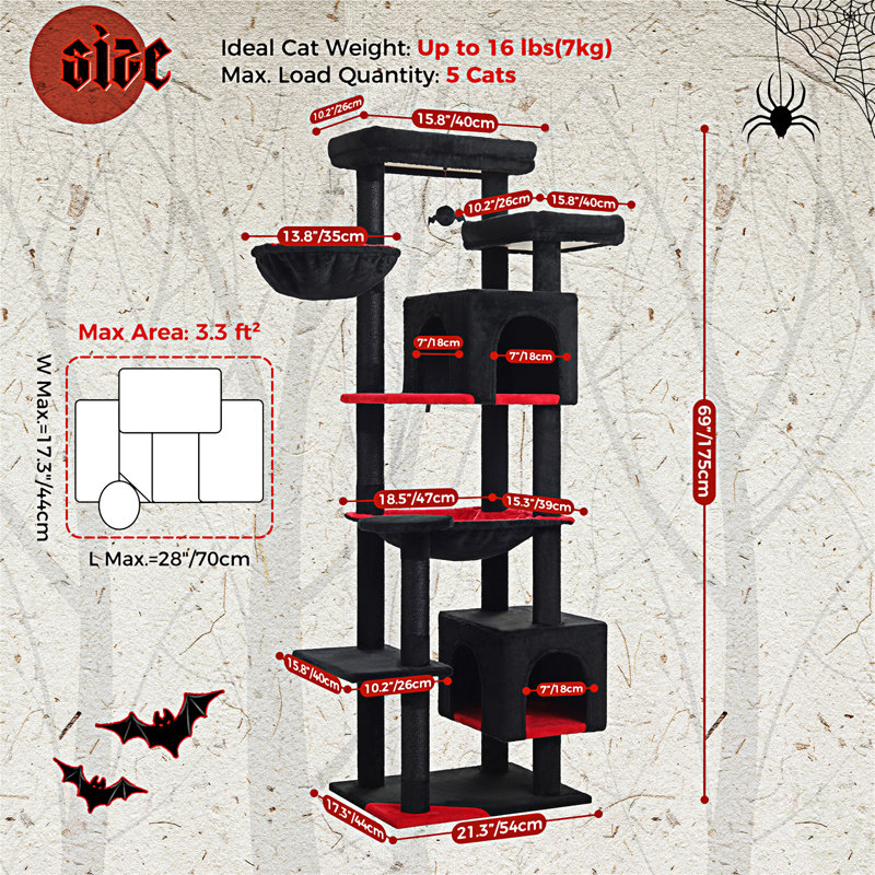69" Black Sisal Cat Tree Tower with Hammock and Condos