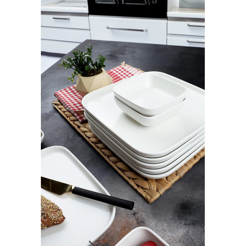 Ensemble de petit-déjeuner 14 pièces, 100% céramique, blanc | Comprend 6 assiettes de service (9,1 x 9,1 x 0,8 po), 2 grandes assiettes (5,1 x 9,8 x 0,8 po), 2 petites assiettes (3,9 x 7,1 x 0,8 po), 4 bols (3,9 x 3,9 x 1,2 po) | Lavable au lave-vaisselle, conception élégante pour tous les repas