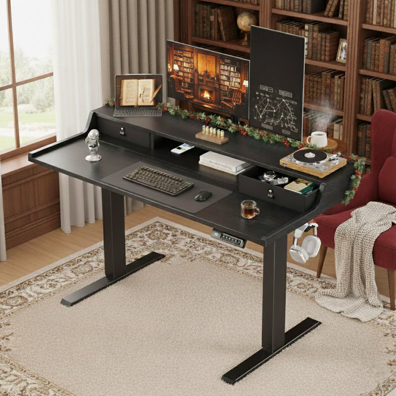 Electric Standing Desk with Large Monitor Shelf & Drawers | Height-Adjustable Ergonomic Desk for Home or Office, Black