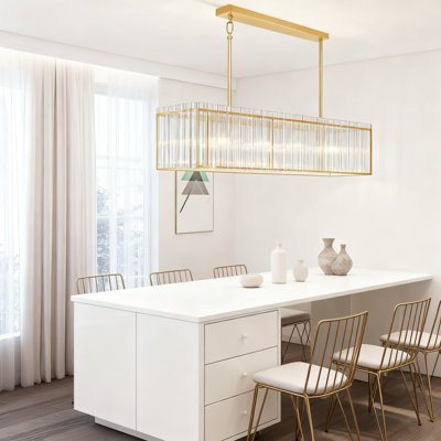 Modern Linear Chandelier With Ribbed Glass Shades, Adjustable Height Gold Finish Pendant Light For Kitchen Island, Dining Room And Living Room