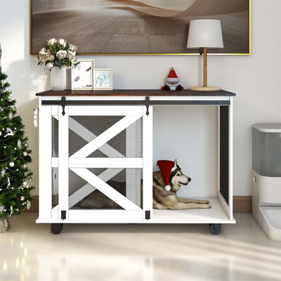 Cage mobile pour chien avec porte à rabattable, système à 5 roulettes et accès à deux portes pour faciliter l'entretien des animaux et la décoration intérieure